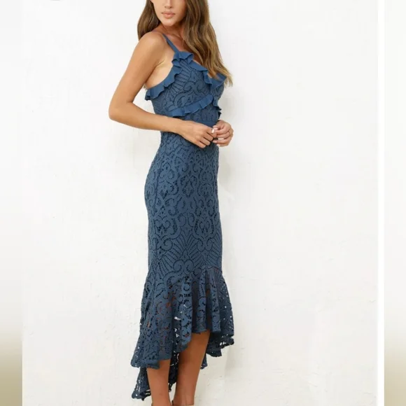 Lady Black Tie Blue Steel Lace Midi Dress Size 4 - Picture 8 of 9